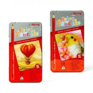 Набор цветных карандашей 12 цветов, трехгранный корпус, в металлической упаковке с пластиковой подло