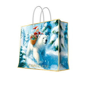 Бумажный пакет для сувенирной продукции с ламинацией, с шириной основания 33 cм, плотность бумаги 14