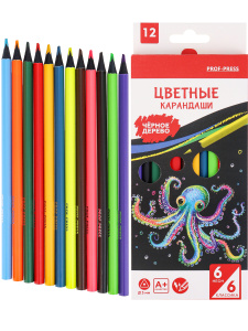 Карандаши цв. НЕОНОВЫЙ ОСЬМИНОГ, неоновые и классич (КЦ-3876),трехгран.,наб12 цв,d=3мм,2М,в к/к,кр12