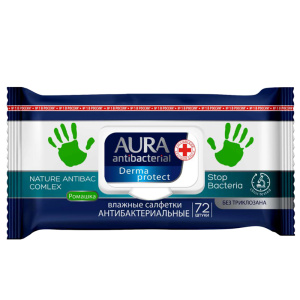 Салфетки влажные Aura Derma Protect, big-pack с крышкой, 15*20см, 72шт., антибакт. с ромашкой 460706
