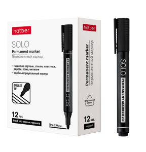 Маркер перманентный Hatber Solo закругленный пишущий узел толщина линии 2мм Черный 12шт. в картонной