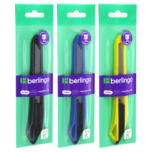 Нож канцелярский 9мм Berlingo /Razzor 100/, push-lock, ассорти, европодвес (10702070/140125/5016666/