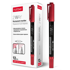Маркер перманентный Hatber 2WAY Двухсторонний 1 mm/0,5 mm закругленный пишущий узел Красный 12шт. в 
