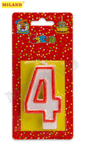 Свеча для торта с красной окантовкой с блестками Цифра 4 С-2409