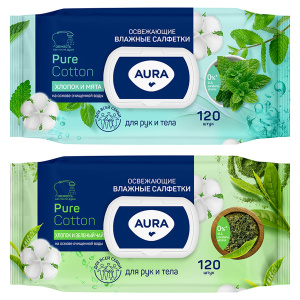 Салфетки влажные Aura /Pur cotton/ big-pack с крышкой, 17*15см, 120шт., освежающие, для рук и тела
