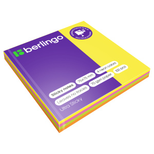 Самоклеящийся блок Berlingo /Ultra Sticky/, 75*75мм, 100л., 4 неоновых цвета