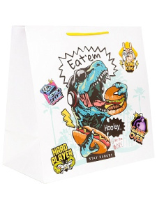 Пакет подарочный с глянцевой ламинацией (квадратный) 37x37x20см(XL)Голодный динозавр,157г. ППК-7546