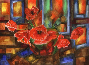 Алмазные картины на подрамнике. Витражные маки- алмазная картина (KUK009)