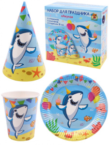 Набор для праздника  Акула   (тарелка 6шт, стаканы 6 шт, колпаки 6 шт)  ФЛ-0946