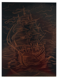 Гравюра А4 в пакете с ручкой. Золото. КОРАБЛЬ НА ВОЛНАХ (Арт. Г-9380)