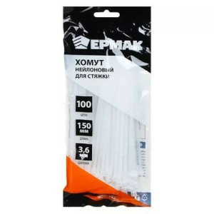 ЕРМАК Хомут нейлоновый для стяжки 3,6х150мм, белый 100шт/уп (10702070/081222/3437043, Китайская Наро