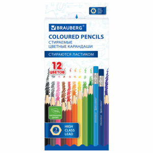 Карандаши цветные стираемые с ластиком BRAUBERG ERASABLE, 12 цветов, шестигранные, грифель 3 мм, нат