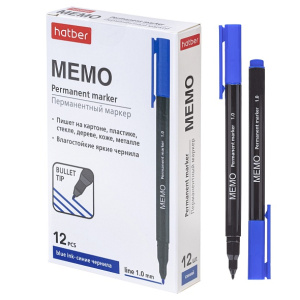 Маркер перманентный Hatber Memo закругленный пишущий узел 1мм Синий 12шт. в картонной коробке