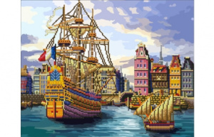 УЦЕНКА Алмаз. раскраска по номер. (блест) 40х50 см, с подрамн. КОРАБЛИ И СТАРЫЙ ПОРТ (Арт. ASK002)