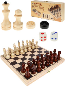 ШАХМАТЫ, ШАШКИ, НАРДЫ. Набор 3 в 1, малый. Доска и фигуры деревянные  290*145*38мм (арт. ИН-6146)
