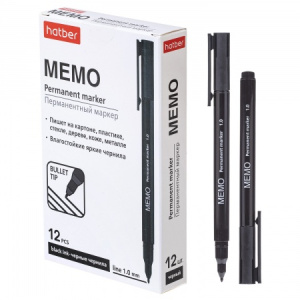 Маркер перманентный Hatber Memo закругленный пишущий узел 1мм Черный 12шт. в картонной коробке