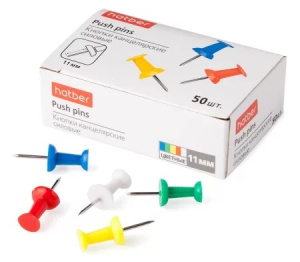 Кнопки Силовые канцелярские Hatber с цветными головками 50шт в картонной коробке