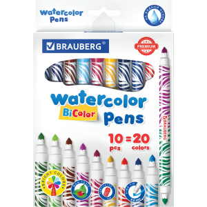 Фломастеры двусторонние утолщенные BRAUBERG /PREMIUM/ /BI-COLOR/, 10 шт., 20 цветов, двухцветные, ве