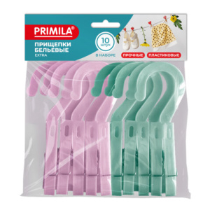 Прищепки бельевые с крючком 13 см, КОМПЛЕКТ 10 штук, пластик, ассорти, PRIMILA EXTRA, 700519