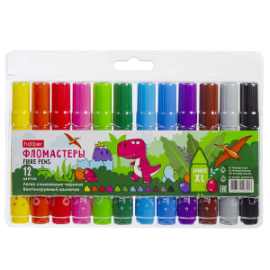 Фломастеры Hatber 12 цв. JUMBO-XL утолщен. корпус -ДИНОСАД-  в блистере с европодвесом