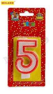 Свеча для торта с красной окантовкой с блестками Цифра 5 С-2410