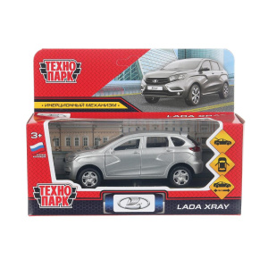 Машина металл LADA XRAY длина 12 см, двери, багаж, инерц, серебристый, кор. Технопарк в кор.2*36шт