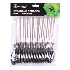 Столовые приборы пластиковые 24шт в наборе (ложки) цвет металл с белой ручкой