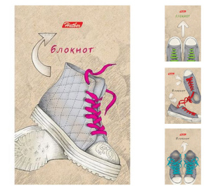 Блокнот 48л А7ф 65х100мм 3-х цв. блок клетка Обл. мелованная бумага ламинация на клею серия -КЕДЫ-