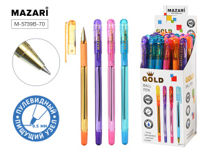 Ручка шариковая GOLD, СИНЯЯ, пулевидный пиш.узел 0.5мм, корпус пластиковый полупрозрачный ассорти 4 