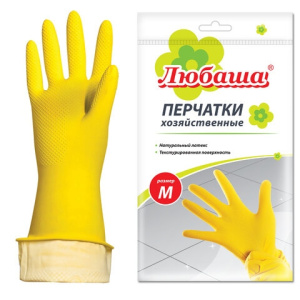 Перчатки МНОГОРАЗОВЫЕ латексные ЛЮБАША /ЭКОНОМ/, хлопчатобумажное напыление, размер M (средний), жел