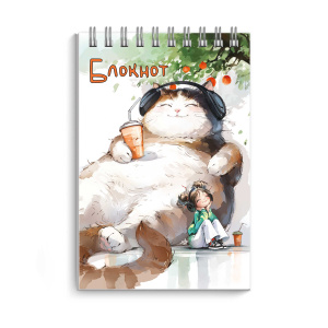 Блокнот, А7, 40 л, арт. 72782 ДРЕМЛЮЩИЙ КОТ / Блок - белый офсет 60 г/м?, клетка, гребень по коротко