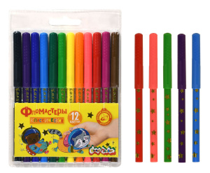Фломастеры Каляка-Маляка ЗВЕЗДОЧКИ классические 12 цв. кругл. корп. легкосмываемые блист. упак. прин