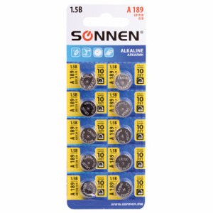 Батарейка алкалиновая /таблетка/ 1 шт., SONNEN Alkaline, 189A (G10, LR54), блистер, отрывной блок, 4