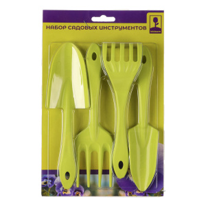 Набор садовых инструментов (лопатка, совок для пересадки, грабельки, вилка для рыхления) салатовый