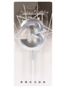 Свеча для торта Серебряный стиль Цифра 3 С-2975, ш/б 50