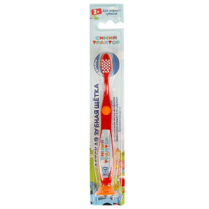 Зубная щетка на присоске для детей СИНИЙ ТРАКТОР красная MASTER DENT в кор.24*12шт