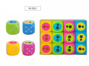 Точилка пластиковая DICE, 2 отверстия для заточки, 4 цвета, с контейнером для стружки, ПВХ-банка