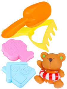 Песочный набор /Пляжный-6/ (лопатка,грабли,4 формочки) в сетке (8х18) (арт. И-8333)