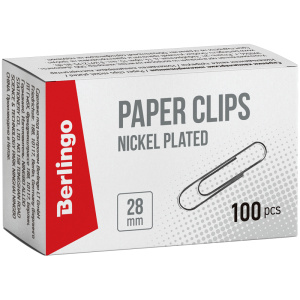 Скрепки 28мм, Berlingo, 100шт., никелированные, карт. упак. BK2511 (10702070/010623/3220762, Китайск
