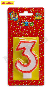 Свеча для торта с красной окантовкой с блестками Цифра 3 С-2408
