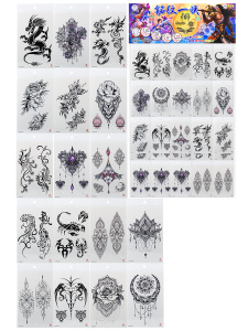 Татуировка-наклейка (12х19) Черно-белые рисунки микс (Арт. WS008-3) кратно 25