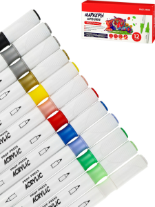 Акриловые маркеры двуст., набор 12 шт (МП-4859), 1 белый цв., 2 металлик цв., в к/к