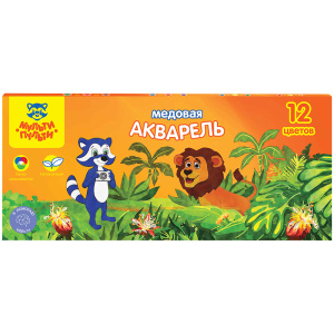 Акварель Мульти-Пульти /Енот в джунглях/, медовая, 12 цветов, без кисти, картон АК_10698 (и)