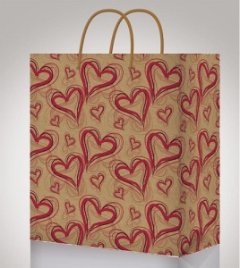 Пакет подарочный, крафт-бумага. 26.4x32.7x13.6 см. Красные сердца ПКП-0895