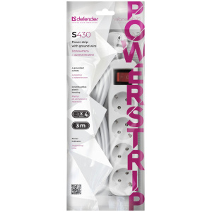 Удлинитель Defender S430, 4 розетки, с заземлением, выключатель, 3м, белый 99238 (10013160/050425/51