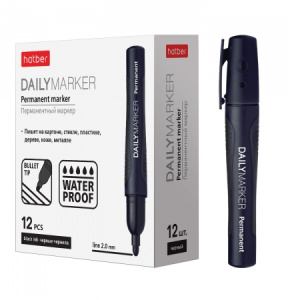 Маркер перманентный Hatber Daily закругленный пишущий узел толщина линии 2 мм Черный 12шт. в картонн