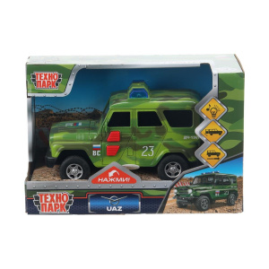 Машина пластик свет-звук UAZ HUNTER ВОЕННЫЙ 15 см, 2 кноп, инер, камуф, кор. Технопарк в кор.48шт