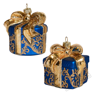 Новогодний подарок сине-золотой, асс. из 2-х (стекло) 7х7х7,5 см