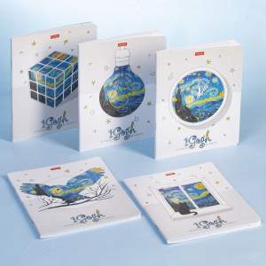 Тетрадь 48л А5ф клетка 65г/кв.м на скобе мат ламин,тиснение 5 диз.в блоке скругл.углы серия -1Gogh-