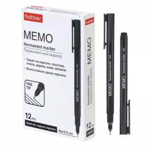 Маркер перманентный Hatber Memo  Черный 0,5мм 12шт. в картонной коробке
